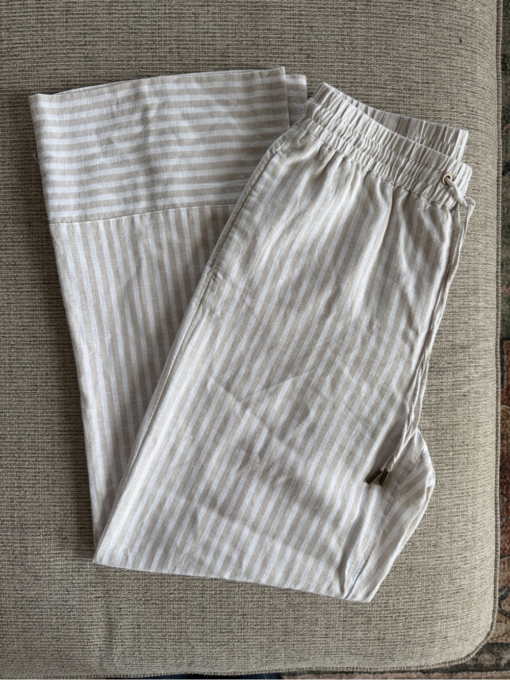 Beige Stripe Linen Blend Drawstring Lounge Pants Size M - Picture 2 of 5